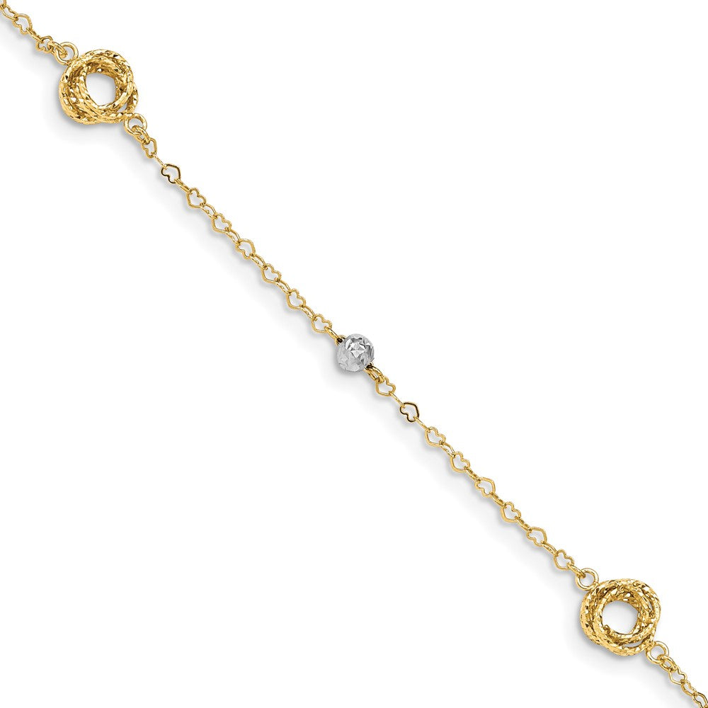 14k Two-tone Love Knots and Beads on Small Heart Link 7.5 inch Bracelet, 7.5 x 5.5 mm