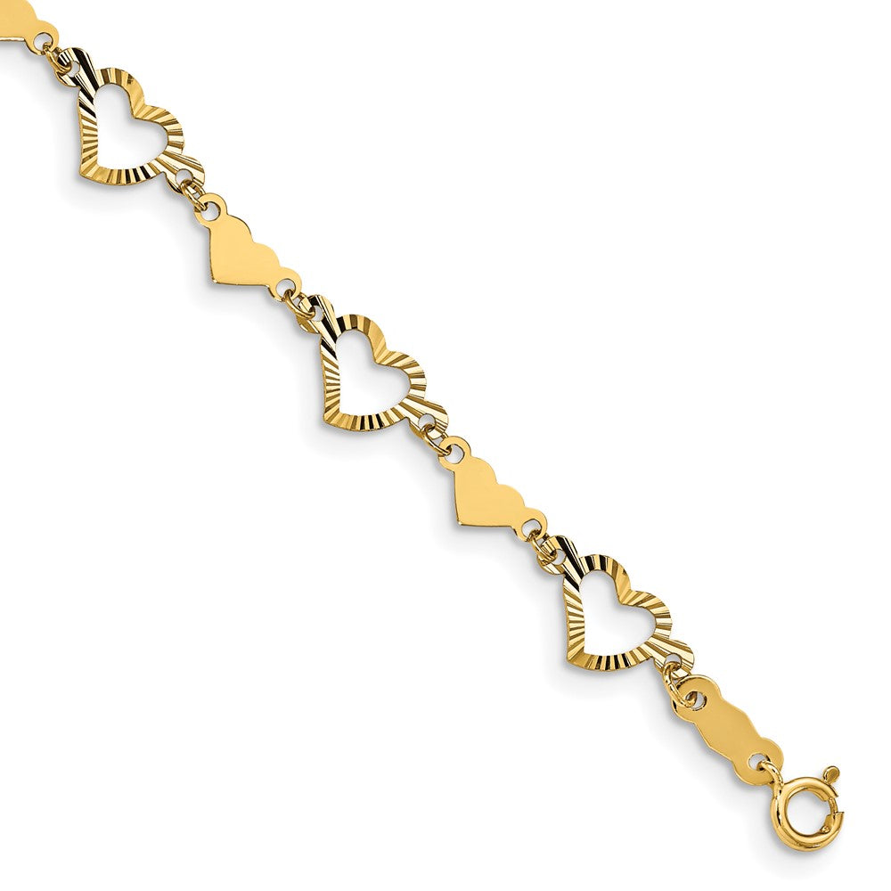 14k Diamond-cut Open and Polished Hearts 7.5 inch Bracelet, 7.5 x 6 mm