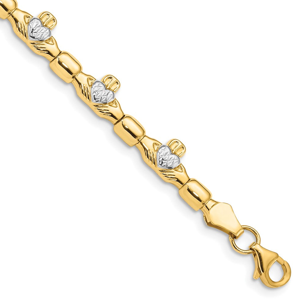 14K with White Rhodium Diamond-cut Claddagh Polished Link 7.25 inch Bracelet, 7.25 x 6 mm