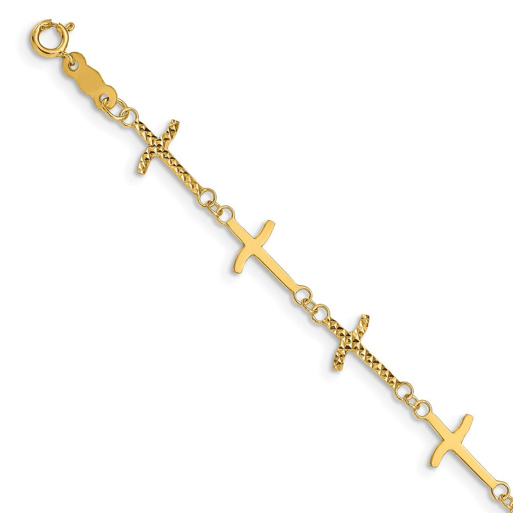 14k Polished and Diamond-cut Crosses 7 inch Bracelet Plus 1 inch Extender, 7 x 7 mm