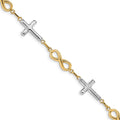 14K with White Rhodium Polished Cross and Infinity Symbol Link 7.25 inch Bracelet, 7.25 x 11 mm