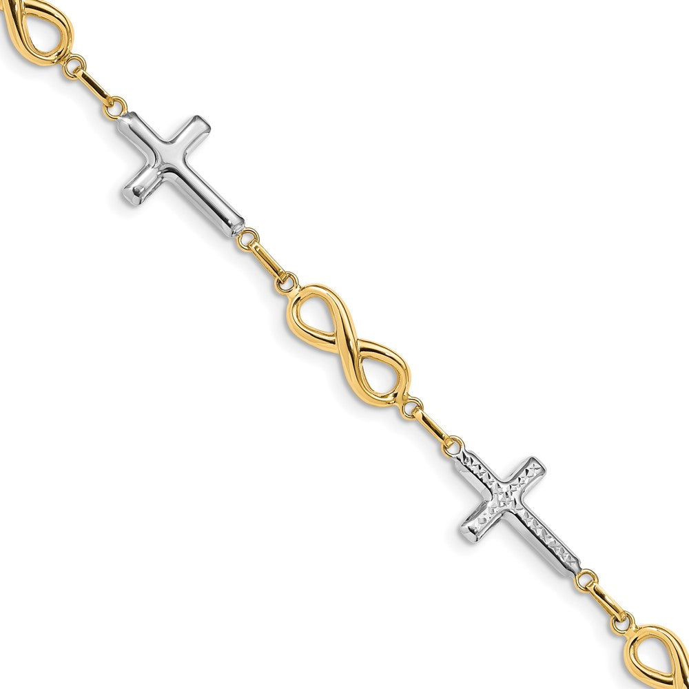 14K with White Rhodium Polished Cross and Infinity Symbol Link 7.25 inch Bracelet, 7.25 x 11 mm