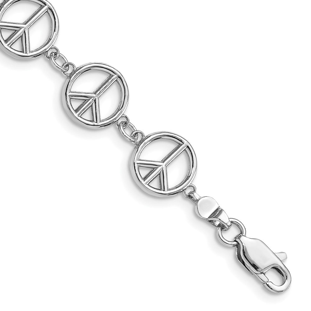 14k White Gold Polished Peace Sign 7.5 inch Bracelet, 7.5 x 10.2 mm