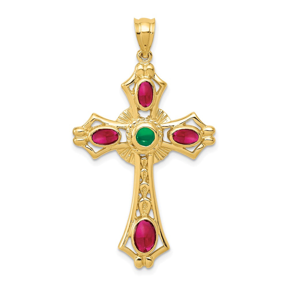 14K Ruby and Emerald Cabochon Cross Pendant, 2.27 ct, 44 x 25 mm