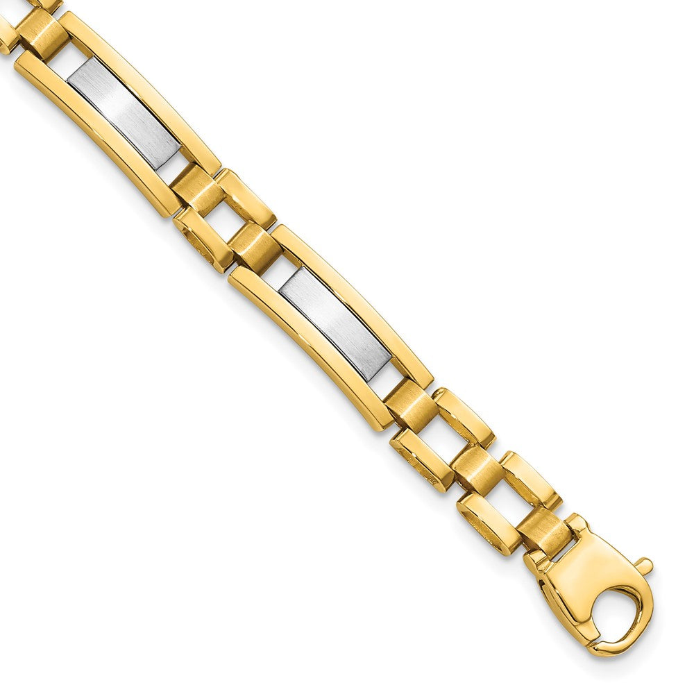 14k Two-tone Polished and Satin 6.3mm Fancy Bar Link 8.5 inch Mens Bracelet, 8.5 x 6.3 mm