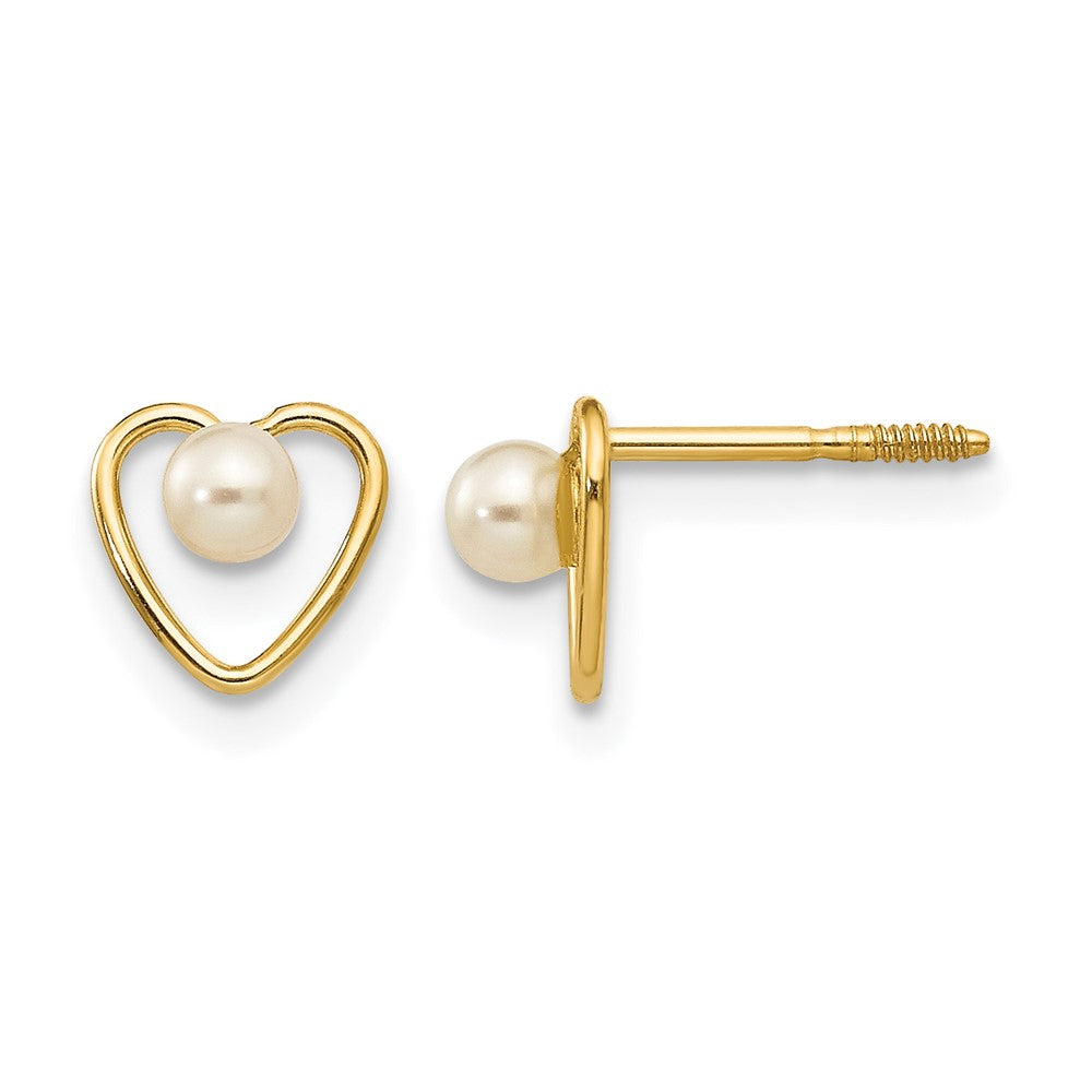 14k Madi K 3mm Round White Freshwater Cultured Pearl Birthstone Heart Screwback Post Earrings, 6 x 6 mm