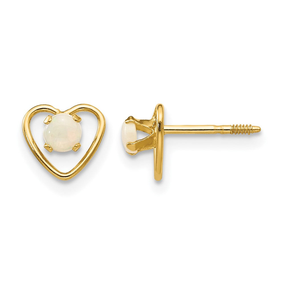 14k Madi K 3mm Round Imitation Opal Birthstone Heart Screwback Post Earrings, 6 x 6 mm