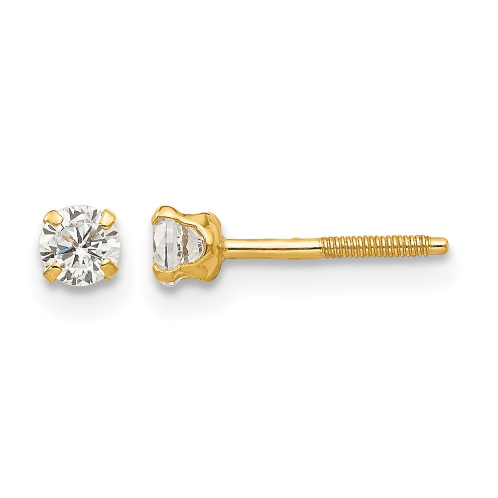 14k Madi K 3mm Round White Zircon Birthstone Screwback Post Earrings, 6 x 6 mm