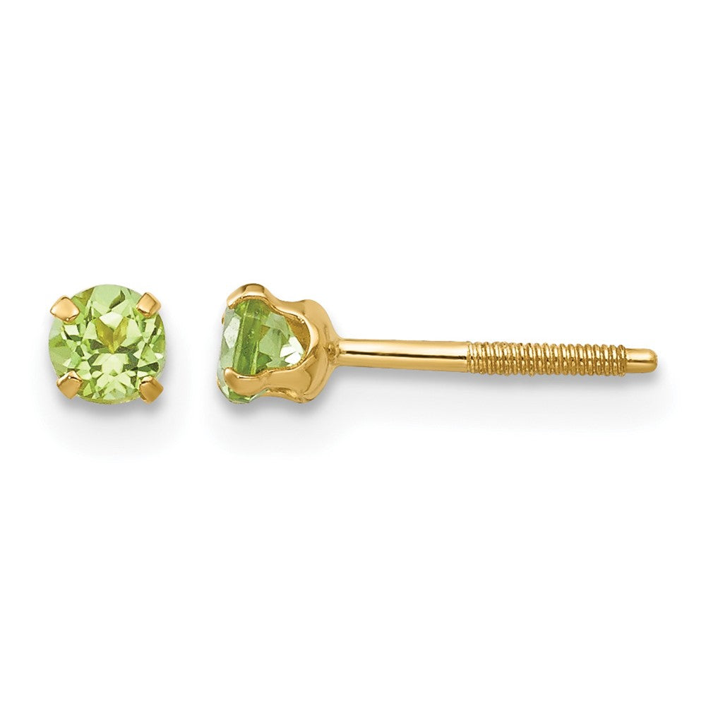 14k Madi K 3mm Round Peridot Birthstone Screwback Post Earrings, 0.24 ct, 6 x 6 mm