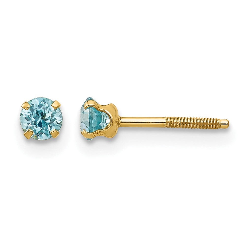 14k Madi K 3mm Round Blue Zircon Birthstone Screwback Post Earrings, 0.34 ct, 6 x 6 mm