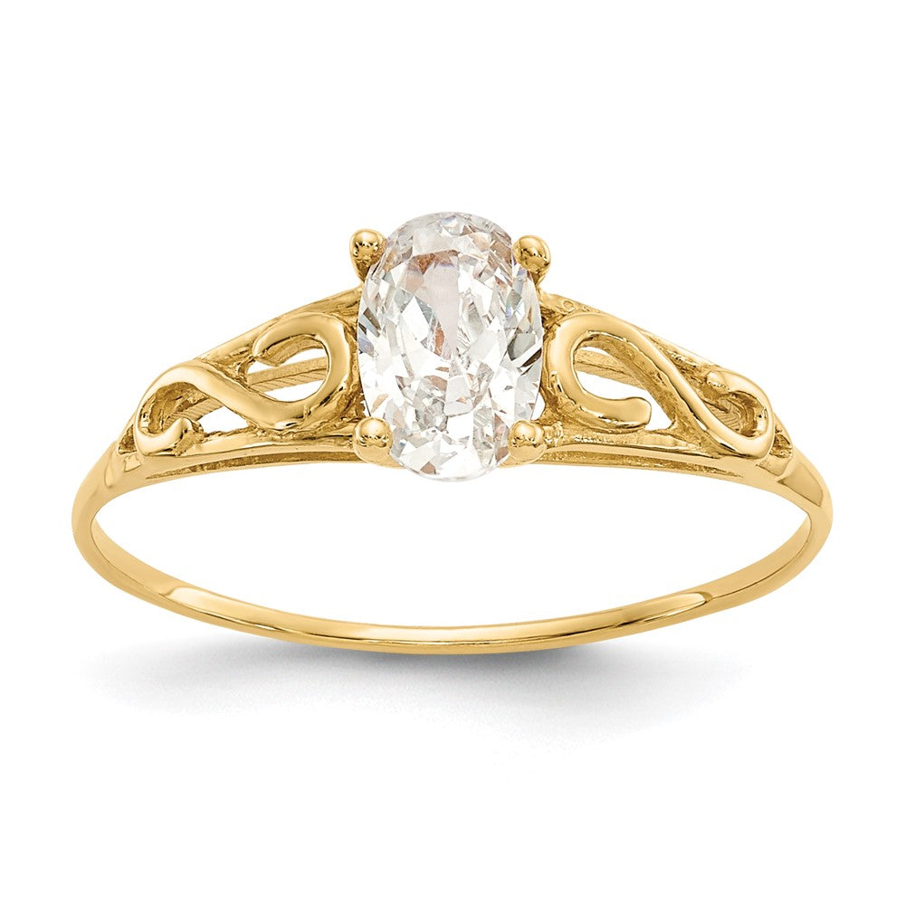 14k Madi K 6x4mm Oval Synthetic White Spinel Birthstone Size 5 Ring, Size 5.5