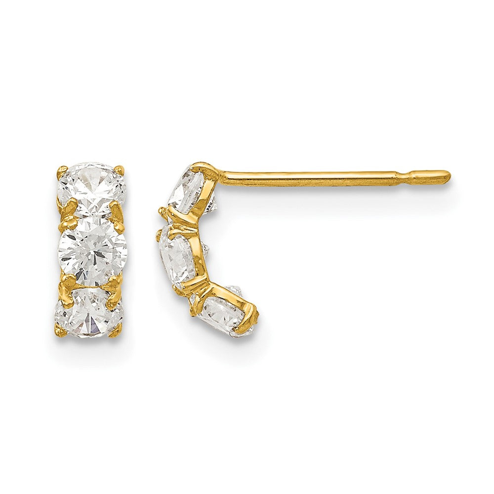 14k Madi K CZ Three Stone Childrens Post Earrings, 8 x 4 mm