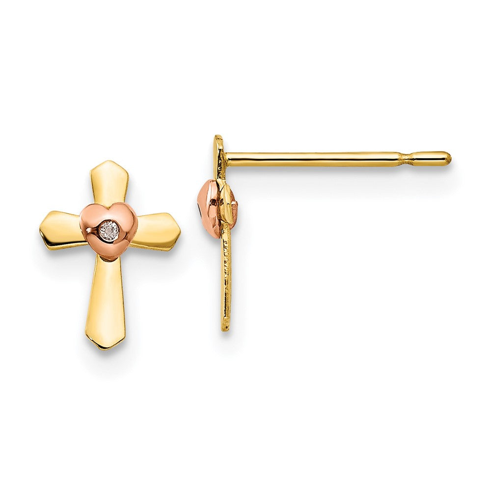 14k Yellow and Rose Gold Madi K Heart Cross Childrens Post Earrings, 8 x 6 mm