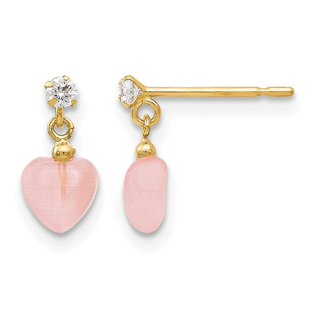 14k Madi K CZ and Pink Cats Eye Heart Dangle Childrens Post Earrings, 1 x 5 mm