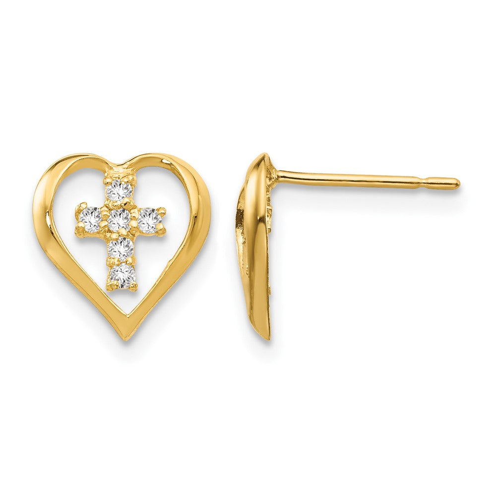 14k Madi K CZ Heart Cross Childrens Post Earrings, 10 x 9 mm