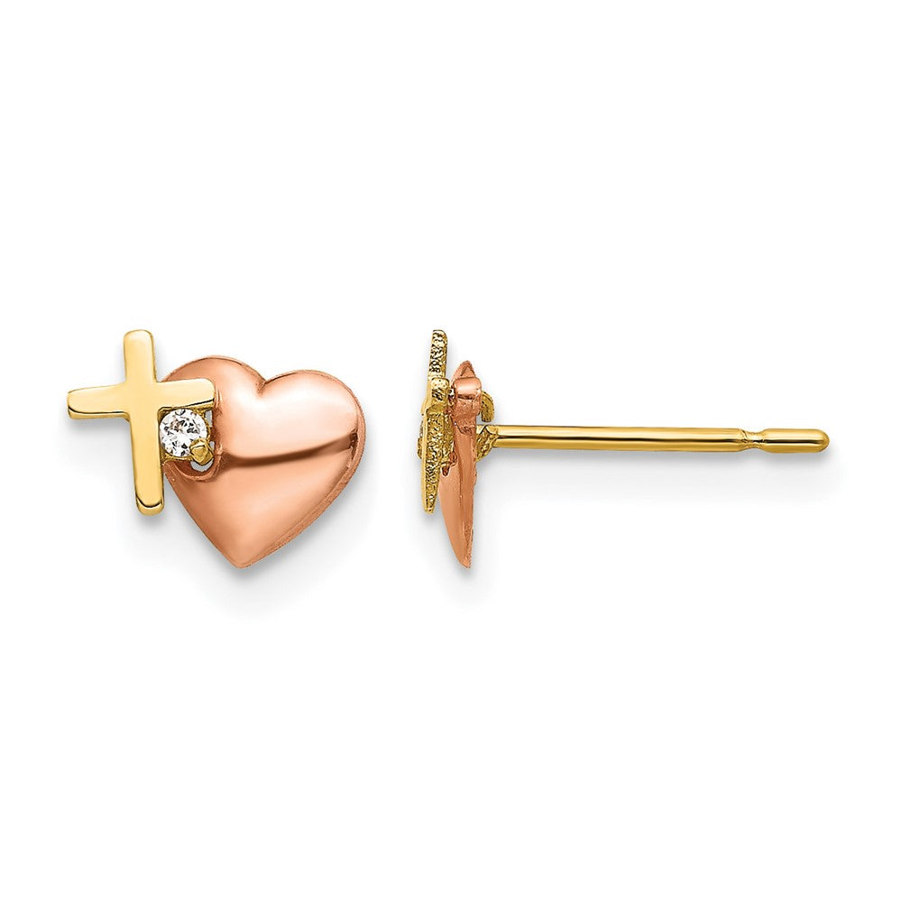14k Yellow and Rose Gold Madi K CZ Heart and Cross Childrens Post Earrings, 6 x 7 mm