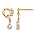 14k Madi K Two-tone CZ Cross and Heart Childrens Post Earrings, 14 x 8 mm