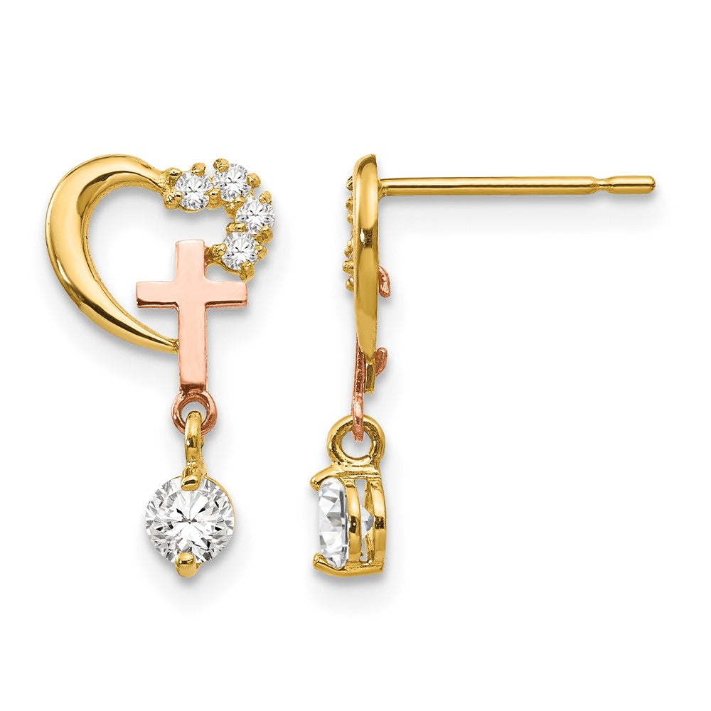 14k Madi K Two-tone CZ Cross and Heart Childrens Post Earrings, 14 x 8 mm