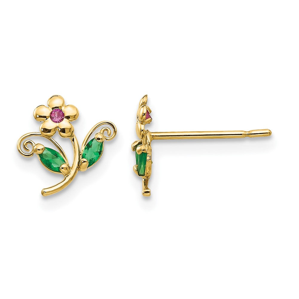 14k Madi K Red and Green CZ Flower Childrens Post Earrings, 8 x 8 mm