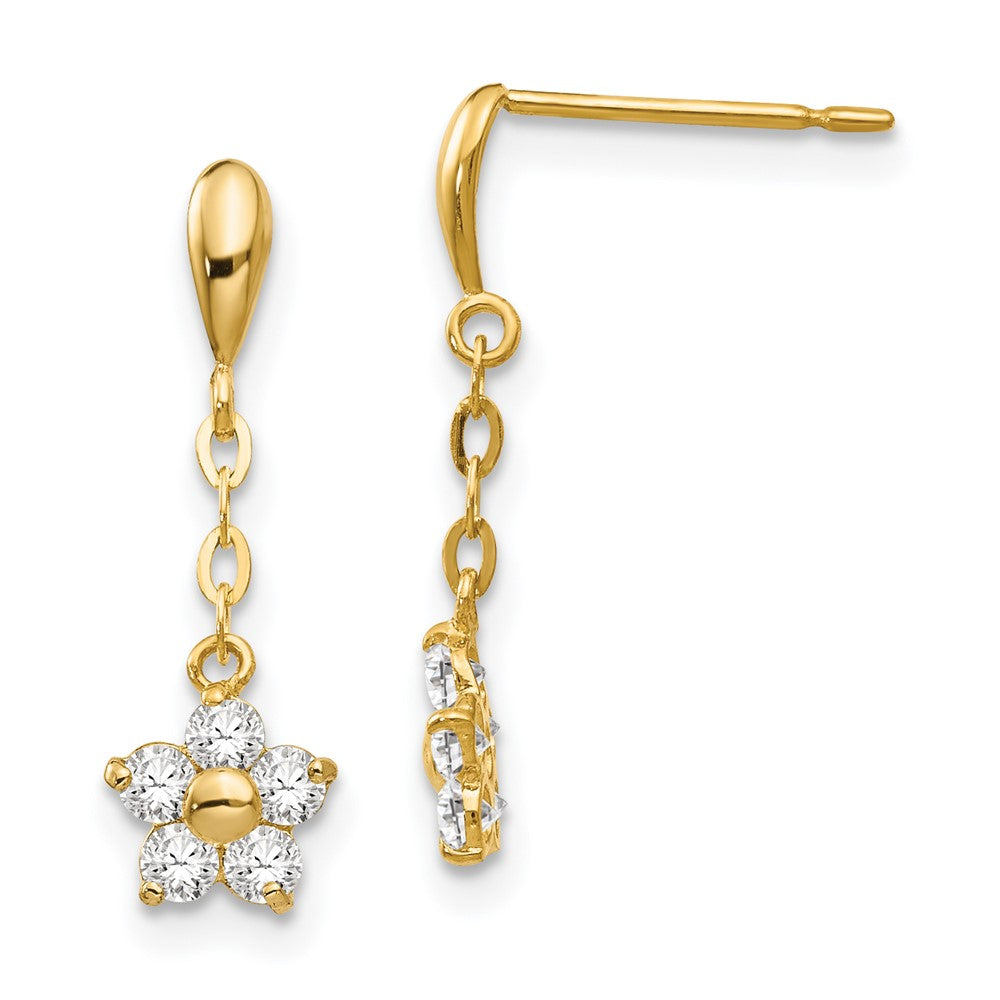 14k Madi K CZ Flower Dangle Childrens Post Earrings, 20 x 6 mm