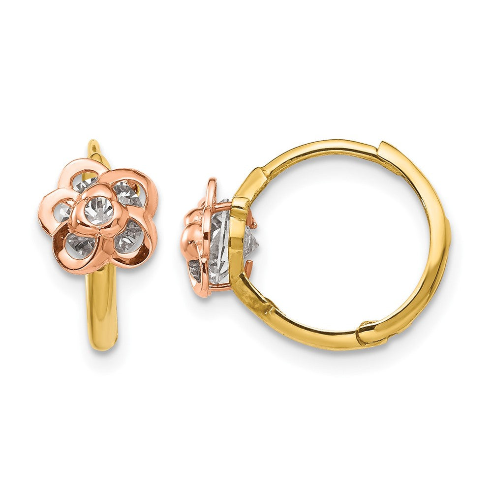 14k Yellow and Rose Gold Madi K CZ Flower Childrens Hinged Hoop Earrings, 12 x 7 mm