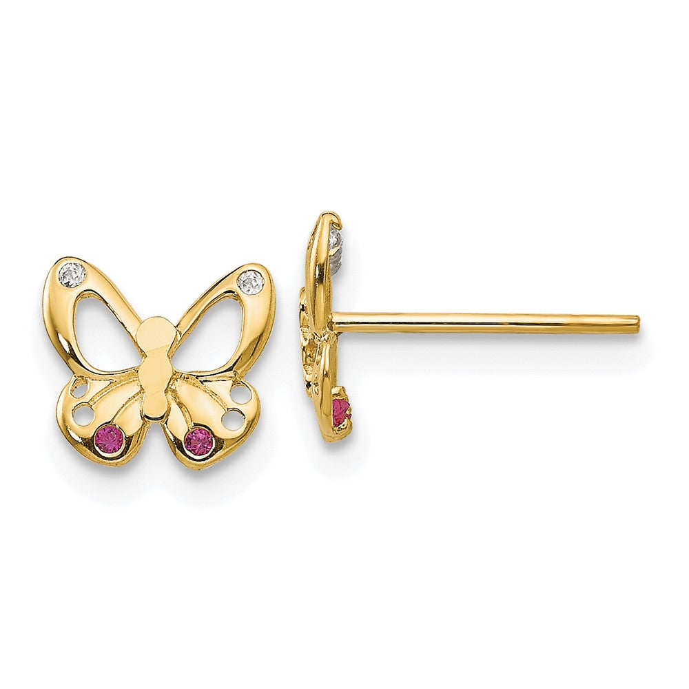 14k Madi K Red and Clear CZ Butterfly Childrens Post Earrings, 7 x 8 mm
