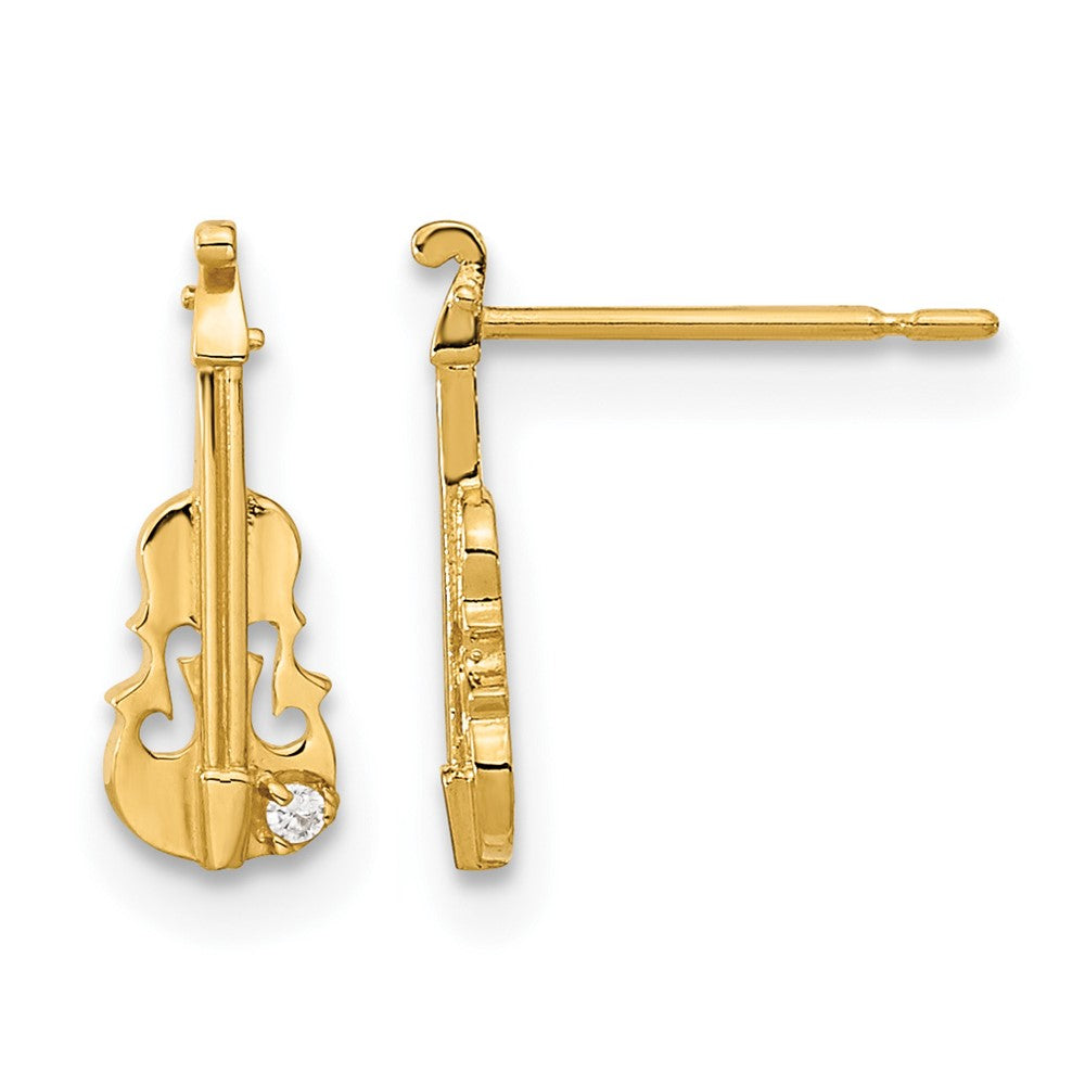 14k Madi K CZ Violin Childrens Post Earrings, 12 x 5 mm