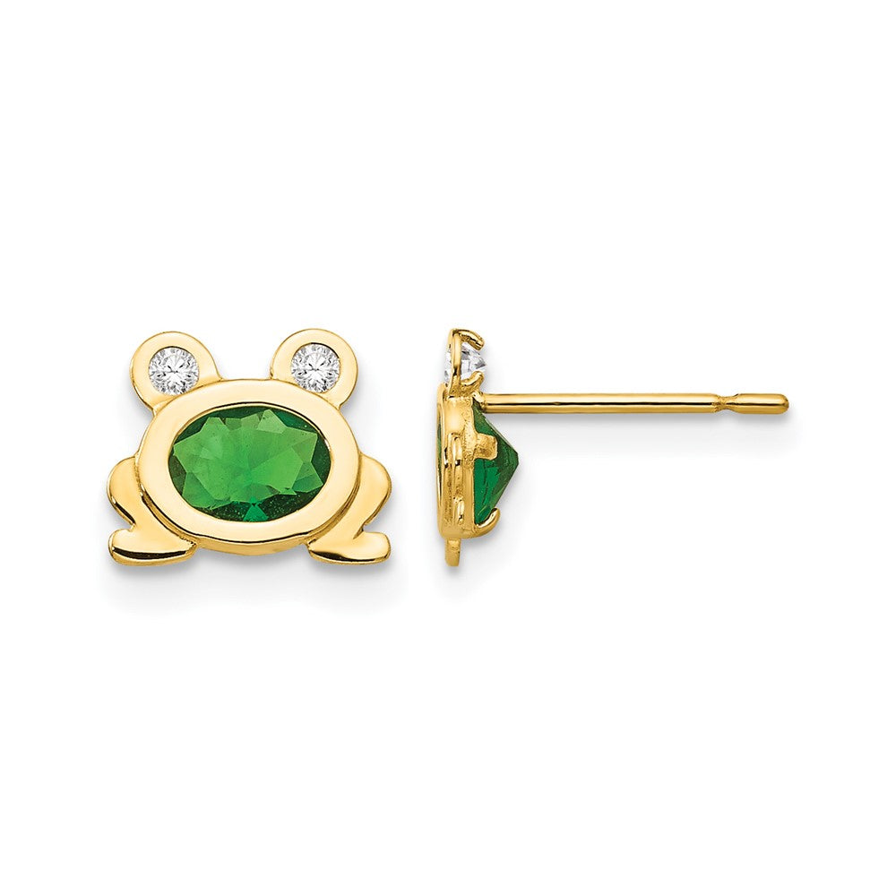14k Madi K Green and Clear CZ Frog Childrens Post Earrings, 7 x 8 mm