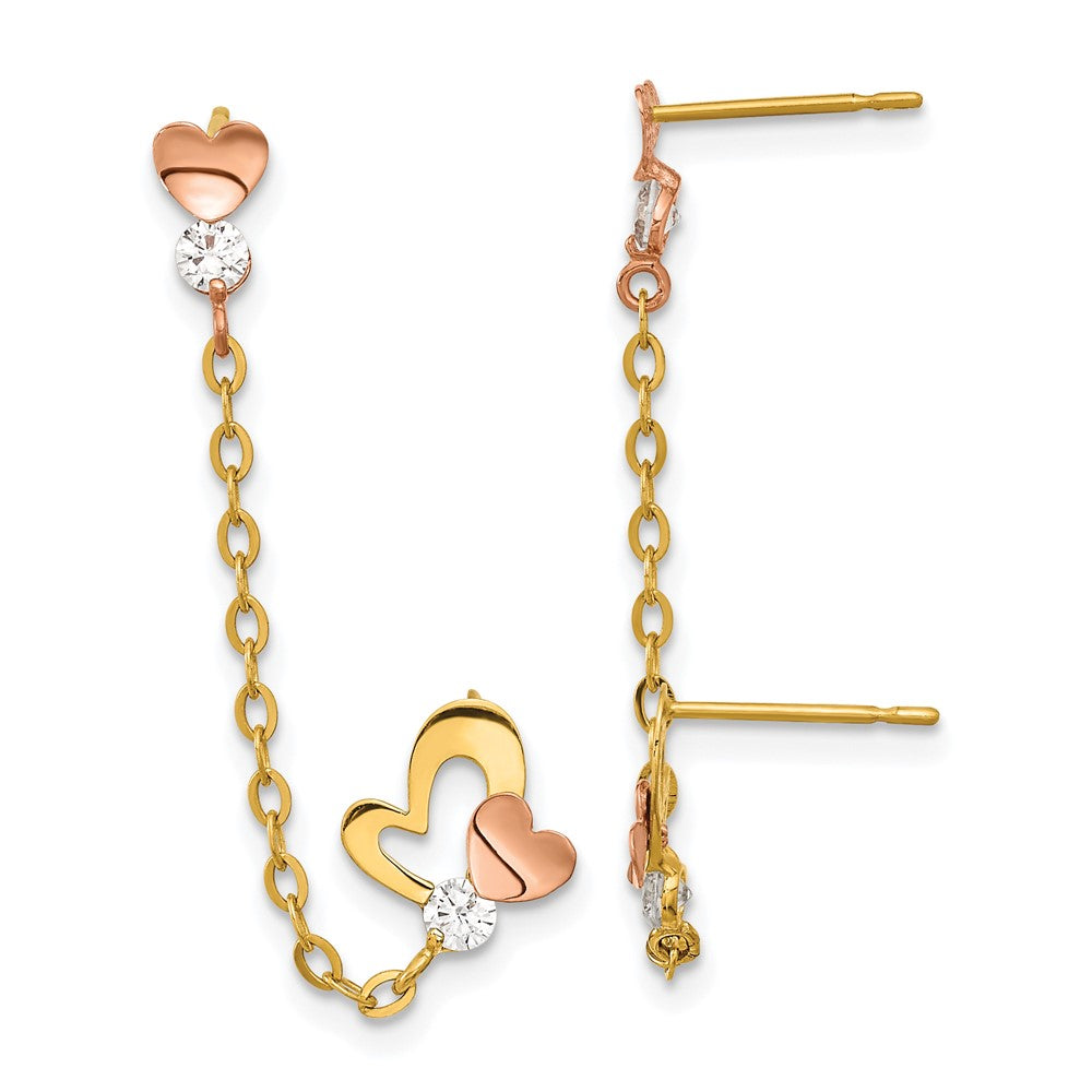 14k Madi K Two-tone CZ and Heart Double Post with Chain Single Earring, 42 x 8.15 mm