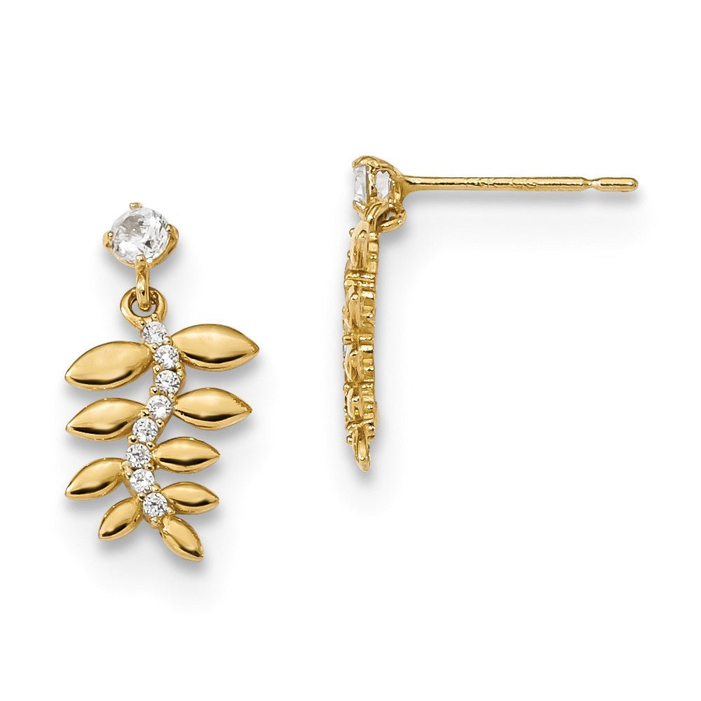 14k Madi K Kids CZ Fern Leaves Dangle Post Earrings, 14 x 8.1 mm
