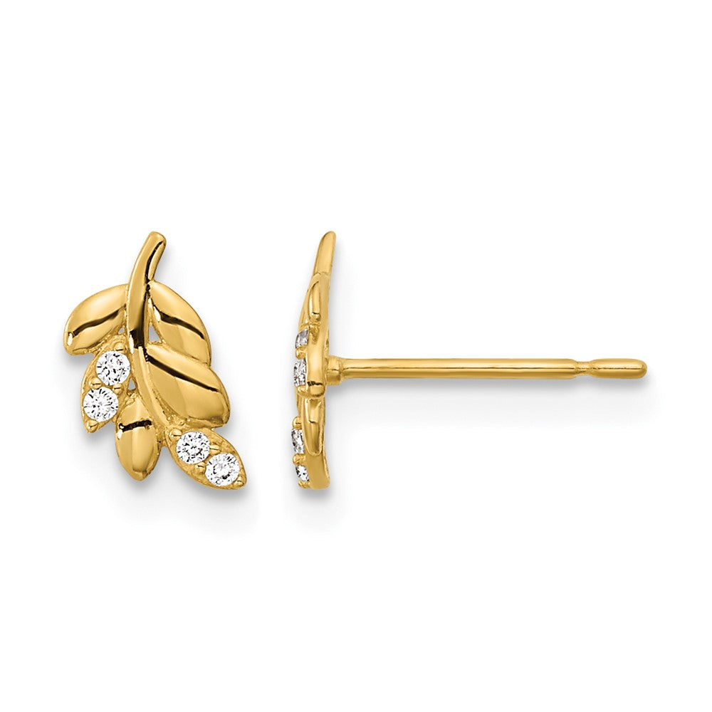 14k Madi K Kids CZ Fern Leaf Childrens Post Earrings, 8.15 x 4.3 mm