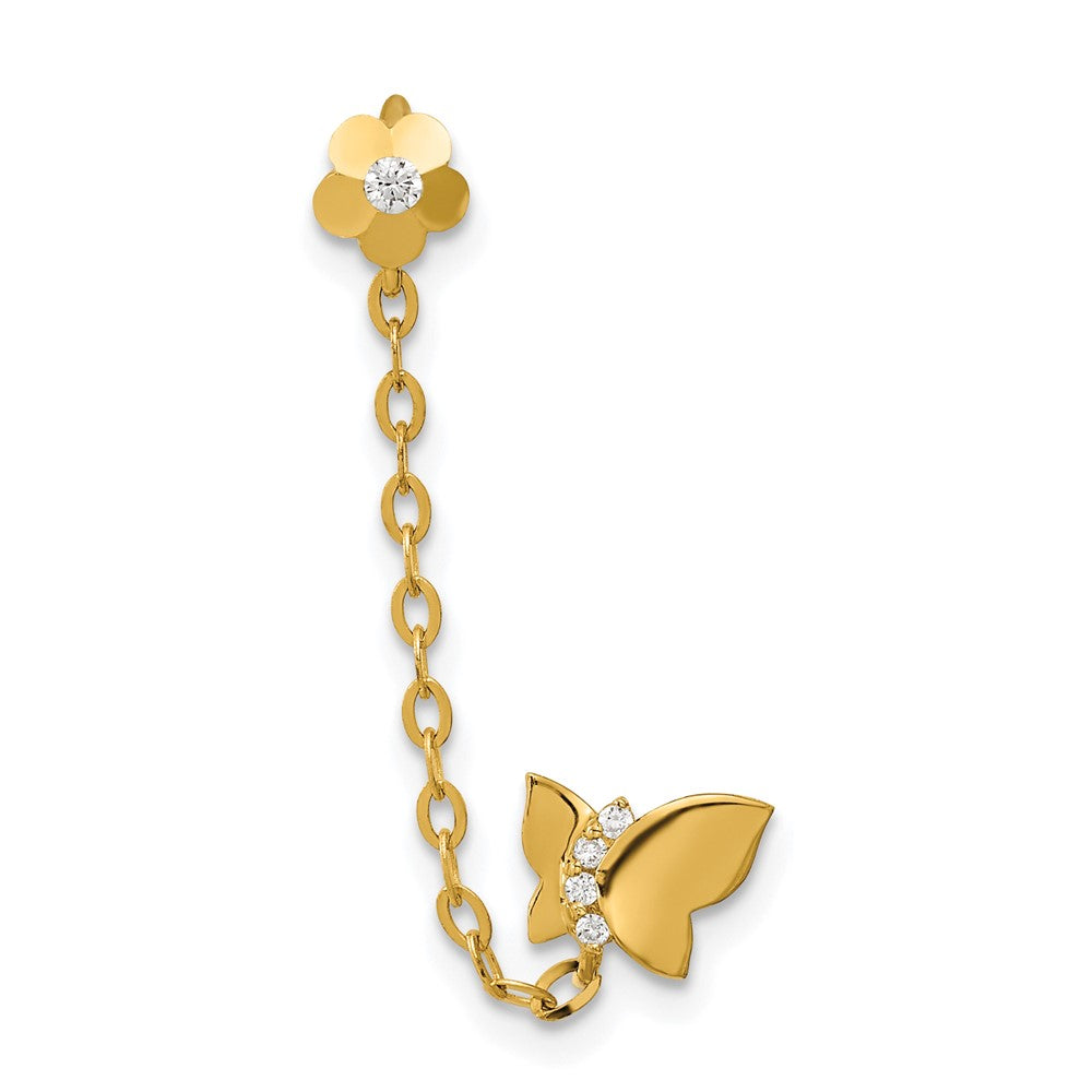 14k Madi K CZ Butterfly and Flower Double Post with Chain Single Earring, 36 x 7.15 mm