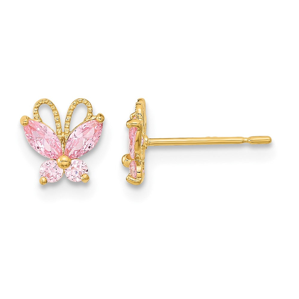 14k Madi K Kids Pink CZ Butterfly Childrens Post Earrings, 6.6 x 6.3 mm