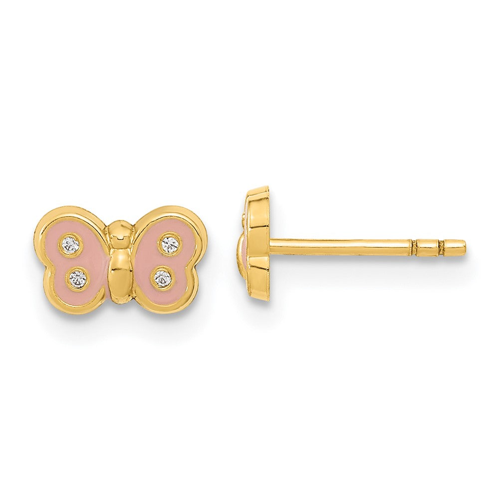 14k Madi K Polished Pink Enameled and CZ Butterfly Childrens Post Earrings, 5 x 8 mm