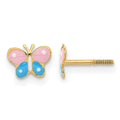 14k Madi K Polished Pink and Blue Enameled Butterfly Childrens Screwback Post Earrings, 5 x 7 mm