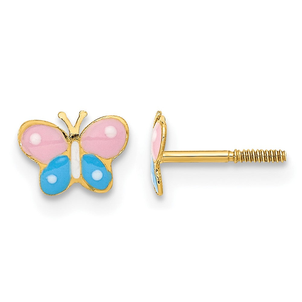 14k Madi K Polished Pink and Blue Enameled Butterfly Childrens Screwback Post Earrings, 5 x 7 mm