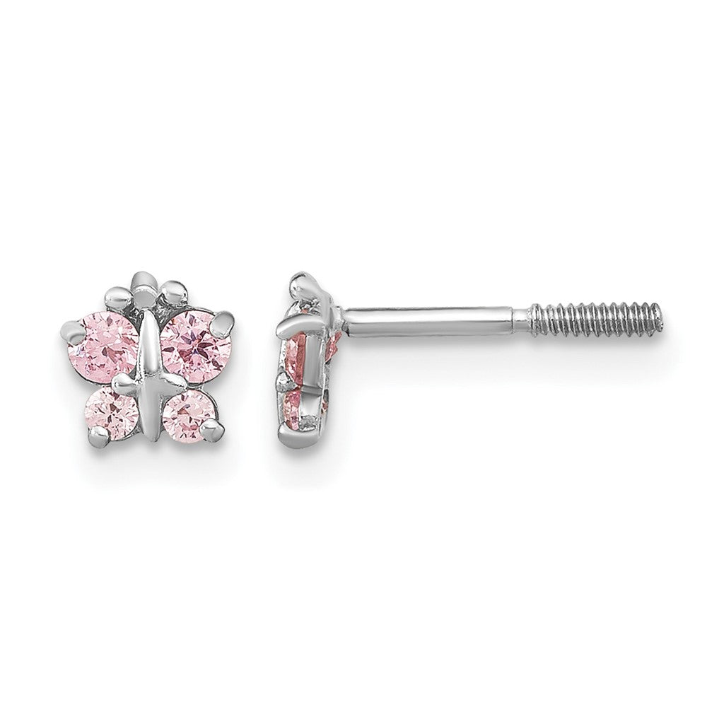 14k White Gold Madi K Polished Pink CZ Butterfly Childrens Screwback Post Earrings, 4.5 x 5 mm