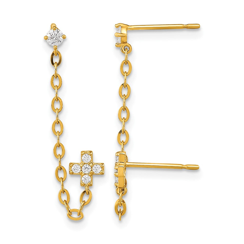 14k Madi K CZ Cross Double Post with Chain Single Earring, 33 x 5 mm