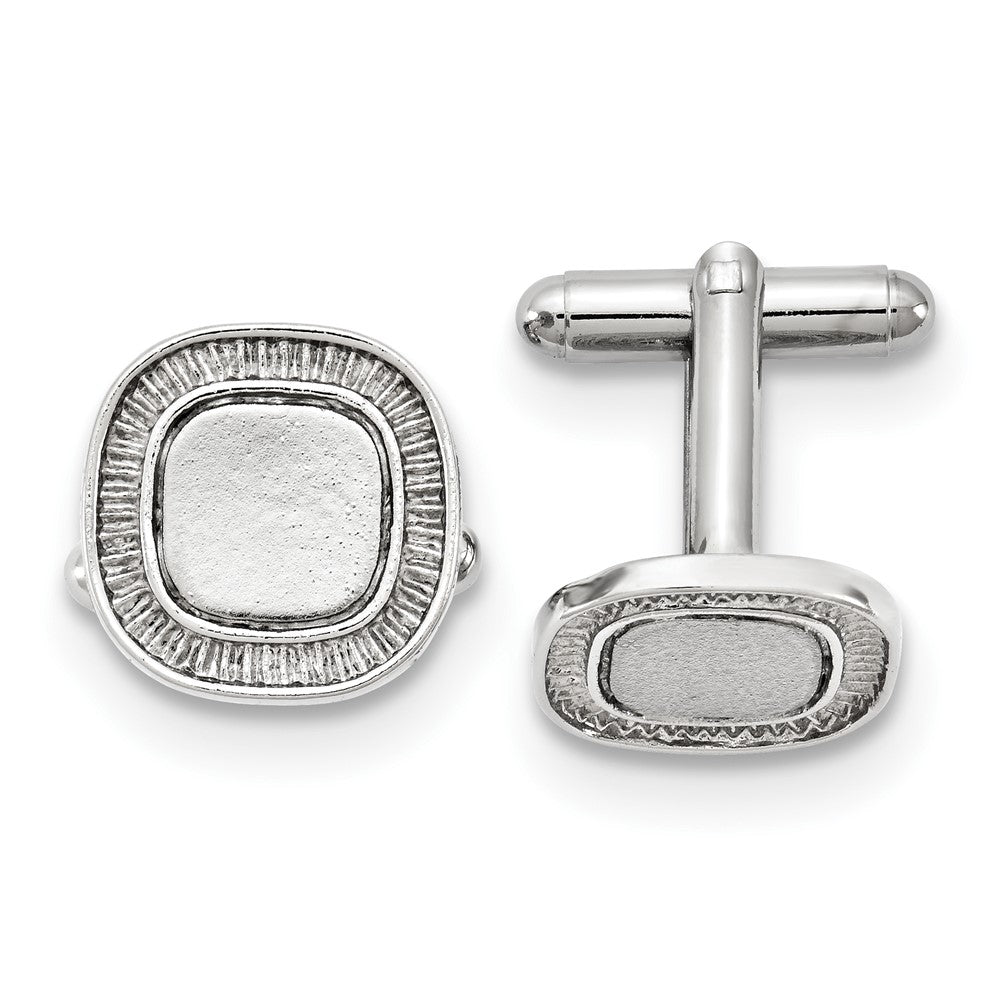 Silver-tone Textured and Polished Round Edge Square Engravable Cuff Links