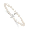 Sterling Silver Polished Cross and 4-5mm White Rice Shape Freshwater Cultured Pearl 40mm Stretch Bracelet with Pink Gift Pouch, 5 mm