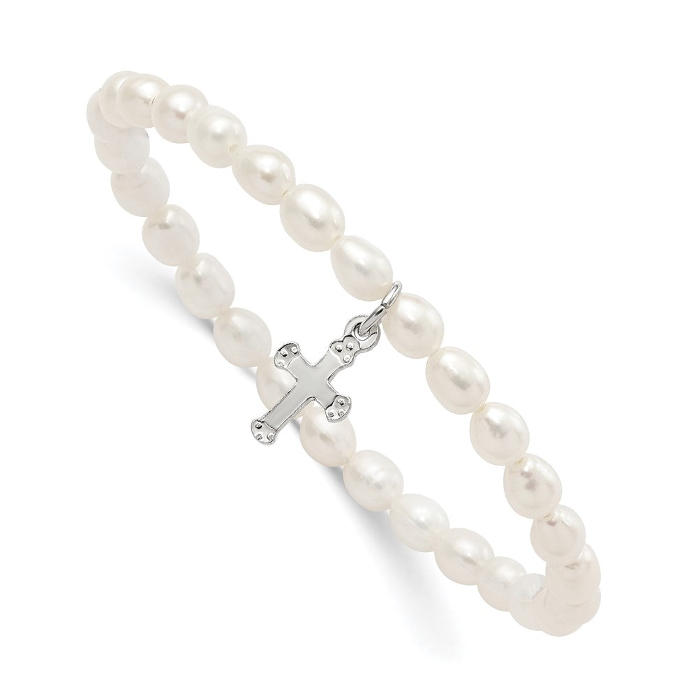 Sterling Silver Polished Cross and 4-5mm White Rice Shape Freshwater Cultured Pearl 40mm Stretch Bracelet with Pink Gift Pouch, 5 mm