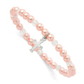Sterling Silver Polished Cross 4mm Pink Imitation Shell Pearl and Faceted Clear Crystal Bead Stretch Bracelet with Pink Gift Pouch, 6 mm