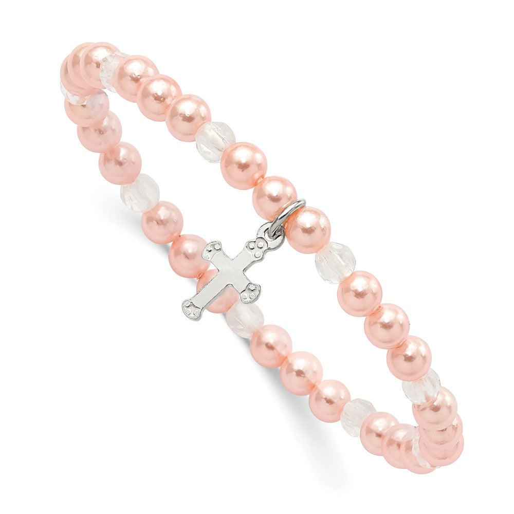 Sterling Silver Polished Cross 4mm Pink Imitation Shell Pearl and Faceted Clear Crystal Bead Stretch Bracelet with Pink Gift Pouch, 6 mm
