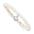 Sterling Silver Puffed Heart and 4-5mm White Rice Shape Freshwater Cultured Pearl 40mm Stretch Bracelet with Pink Gift Pouch, 5 mm