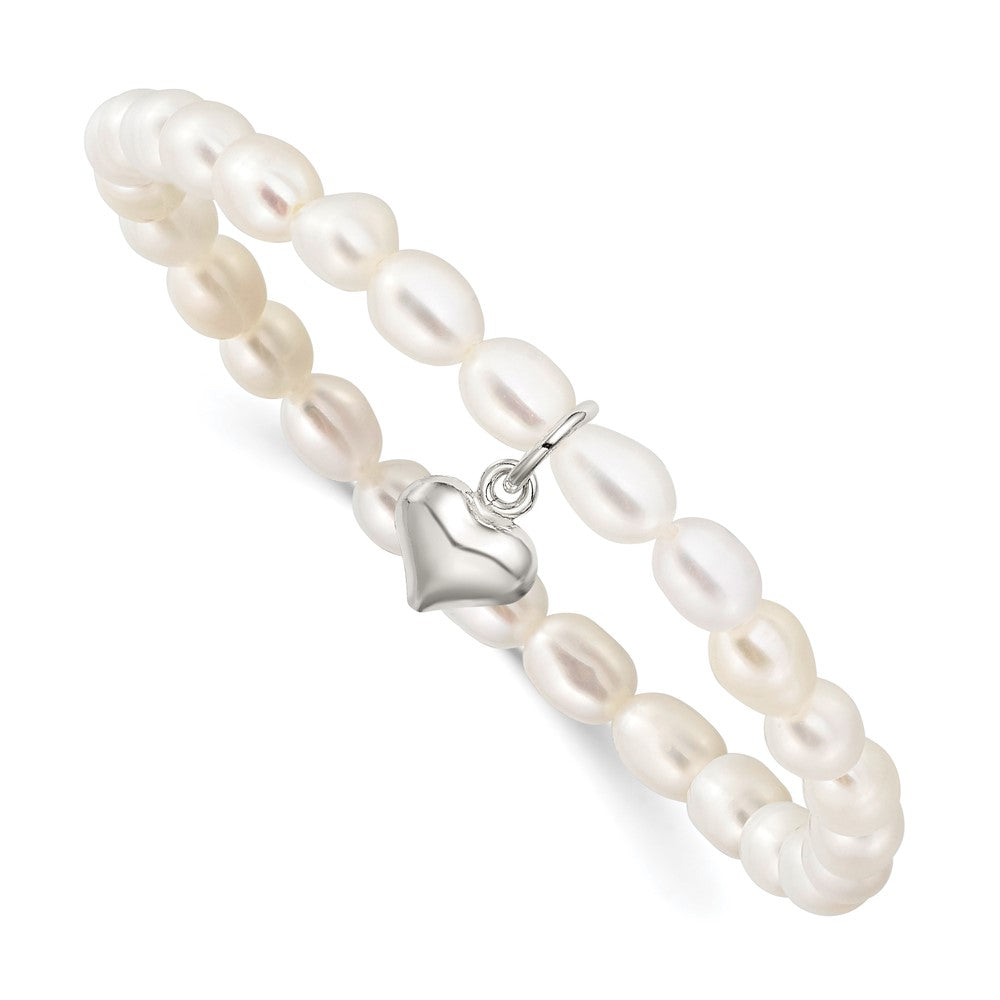 Sterling Silver Puffed Heart and 4-5mm White Rice Shape Freshwater Cultured Pearl 40mm Stretch Bracelet with Pink Gift Pouch, 5 mm