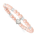 Sterling Silver Puffed Heart 4mm Pink Imitation Shell Pearl and Faceted Clear Crystal Bead Stretch Bracelet with Pink Gift Pouch, 6 mm