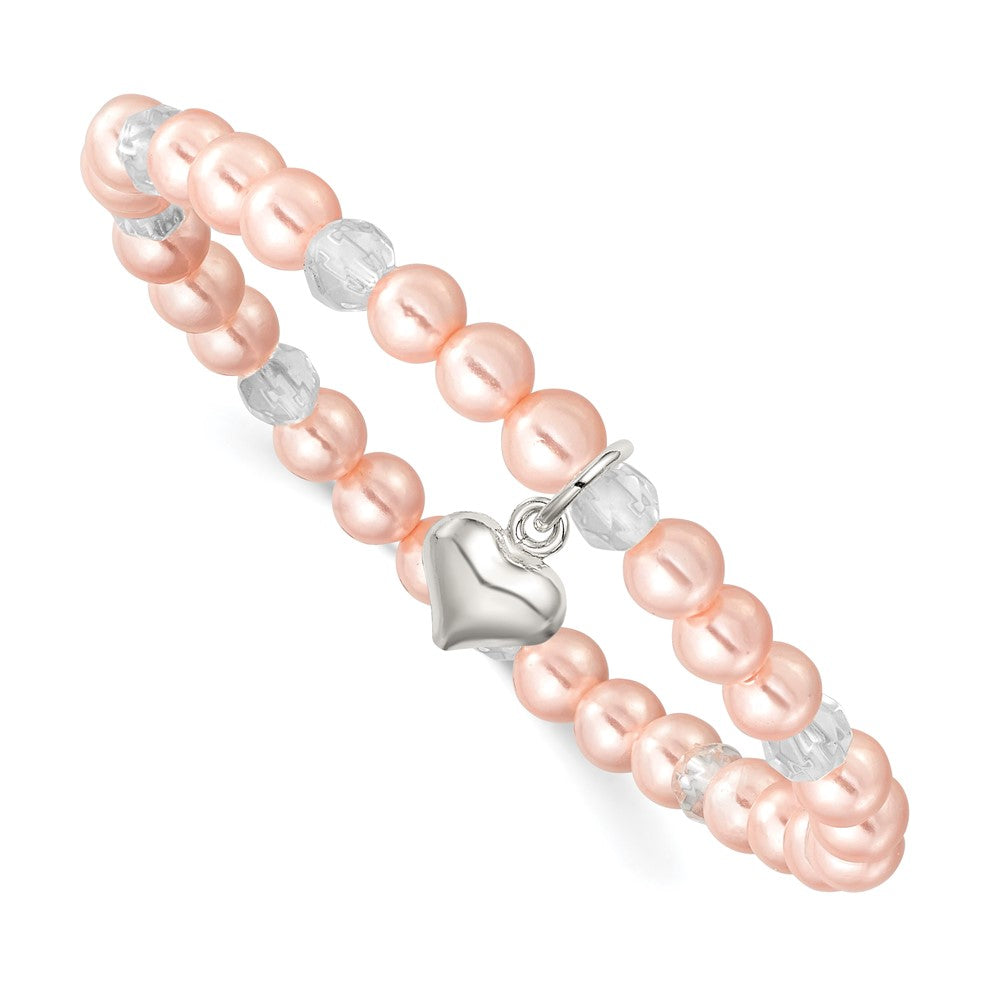 Sterling Silver Puffed Heart 4mm Pink Imitation Shell Pearl and Faceted Clear Crystal Bead Stretch Bracelet with Pink Gift Pouch, 6 mm