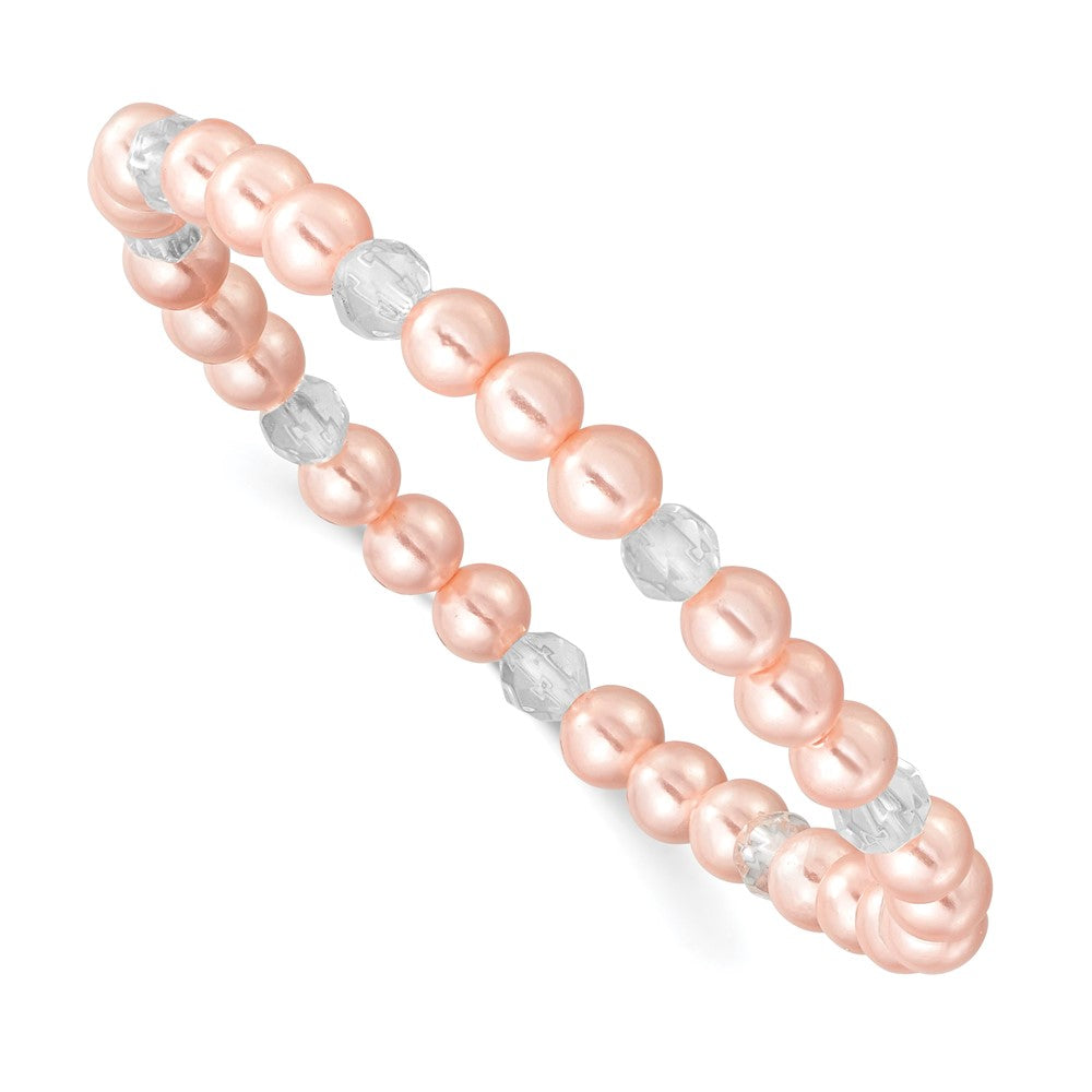 4mm Pink Imitation Shell Pearl and Faceted Clear Crystal Bead Stretch Bracelet with Pink Gift Pouch, 6 x 4 mm