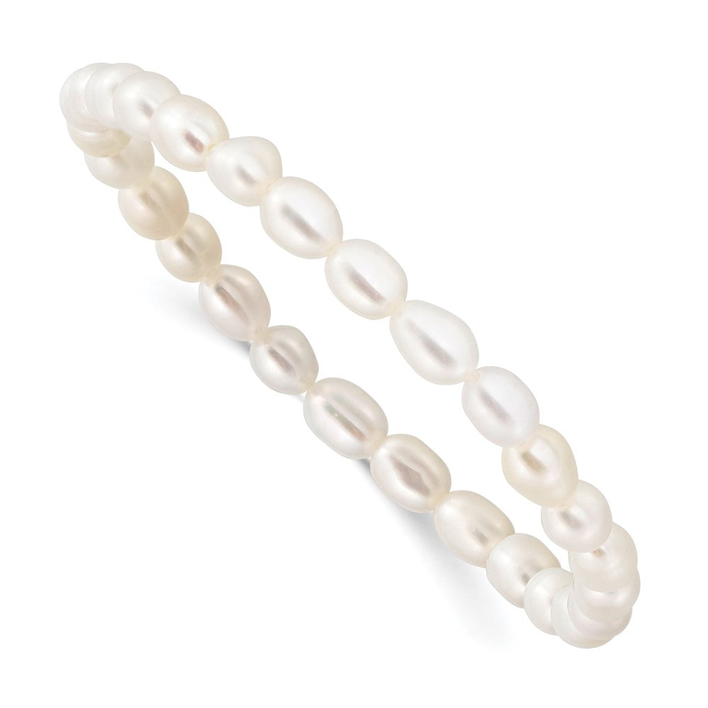 4-5mm White Rice Shape Freshwater Cultured Pearl 40mm Stretch Bracelet with Pink Gift Pouch, 5 x 4 mm