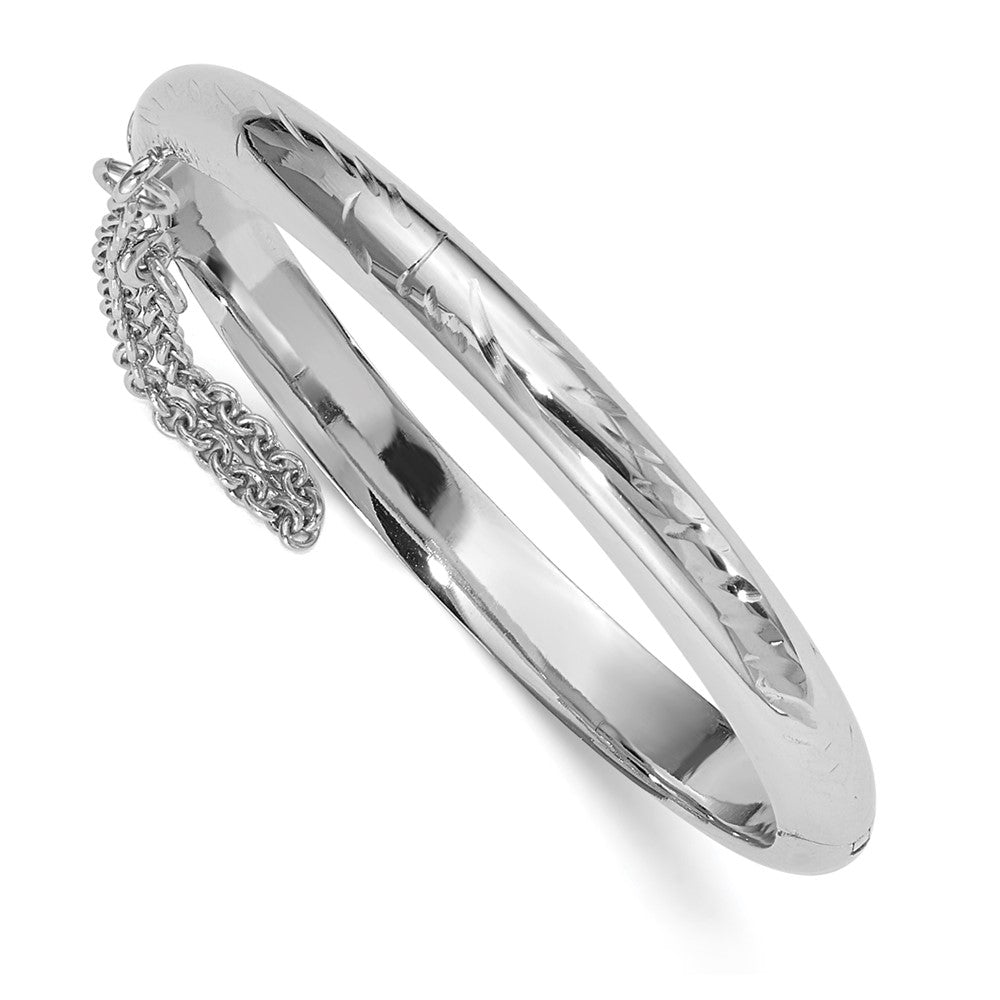 Sterling Silver Rhodium-plated Textured Safety Hinged Baby Bangle with Pink Gift Pouch, 5 x 5 mm